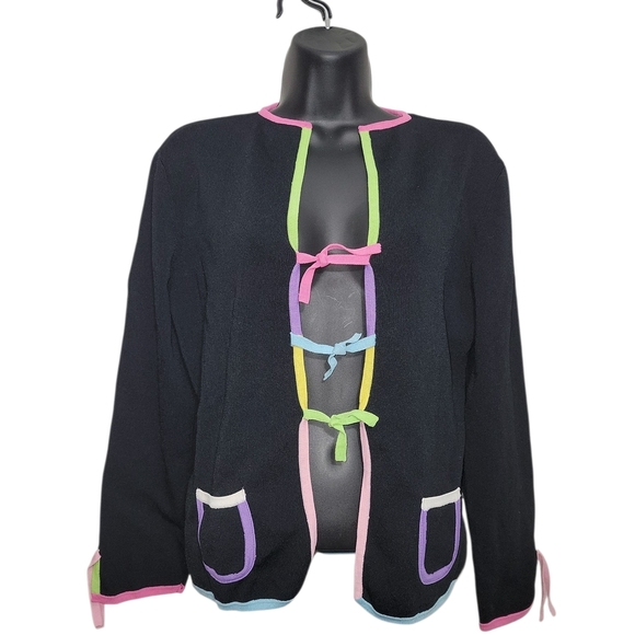M.T.W.T 9-5 Sweaters - MTWT 9-5 Black Knit Cardigan Sweater with Pastel Neon Trim & Ribbon Tie Front M